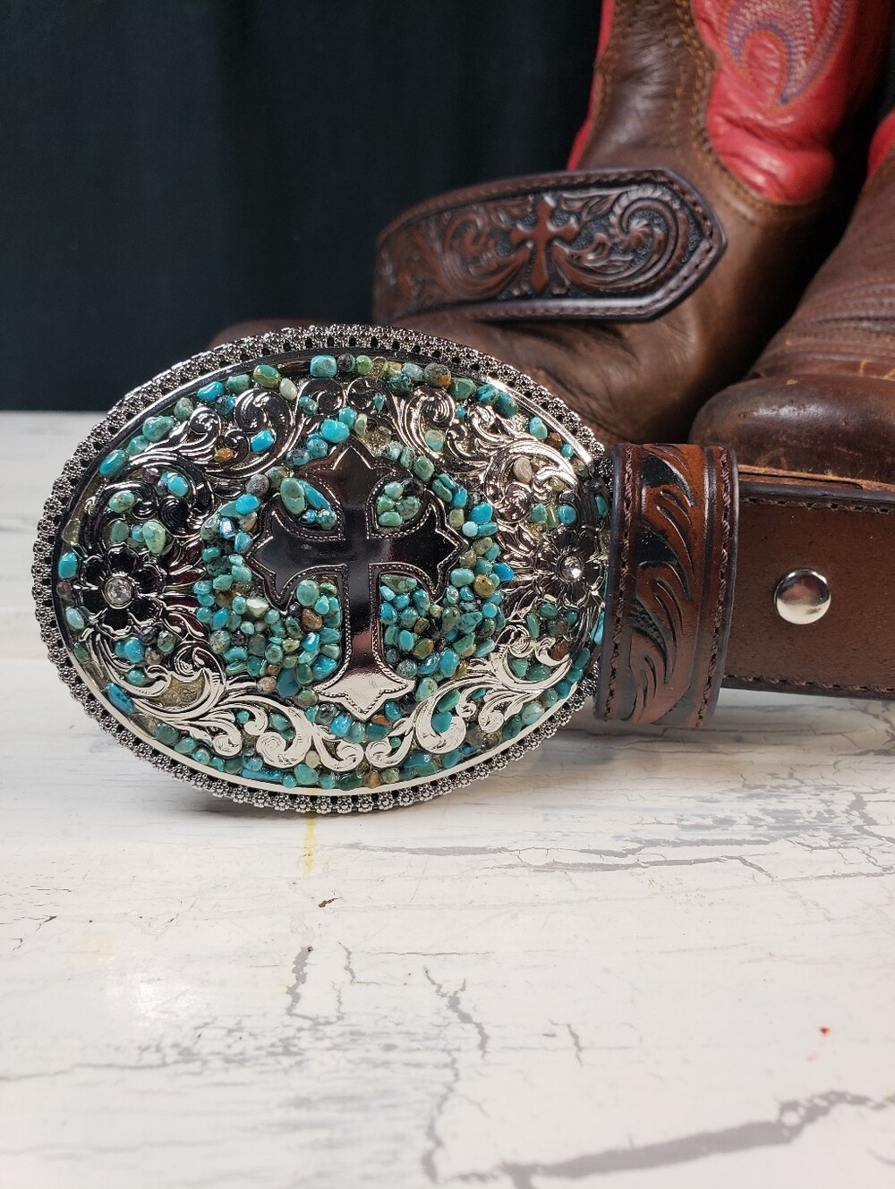 Blazin' Roxx/ Nocona Turquoise Stone Cross Cowboy Belt in size 28 - Picture 3 of 13